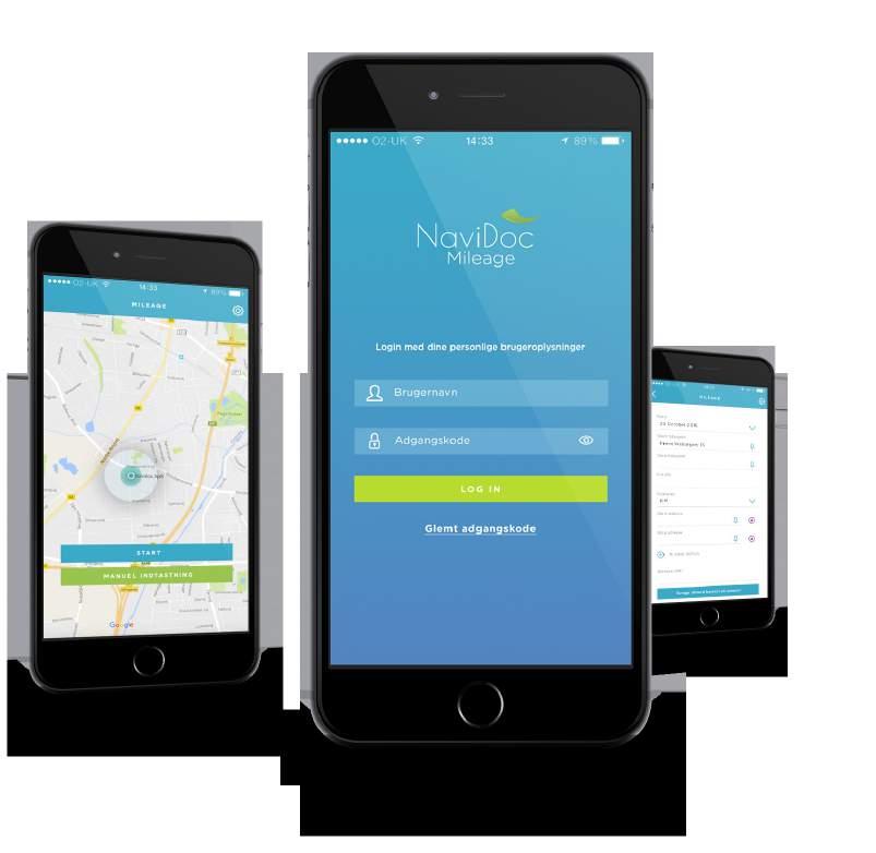 NAVIDOC MILEAGE Kilometerregistrering - Registrér kørslen via App en NaviDoc Mileage registrerer og uploader kørte kilometer direkte til NaviDoc Expense.