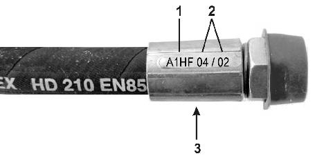 Rengøring, vedligeholdelse og reparation 12.14.1 Mærkning af hydraulikslanger Armaturmærkningen giver følgende oplysninger: Fig. 60/.