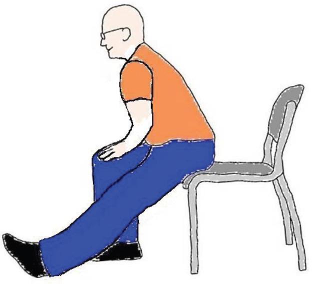 Udstræk af lår Vær sikker på at du sikker yderst på stolen Stræk det ene ben ud og at sætte hælen i gulvet Læg begge hænder på dit andet ben og sid