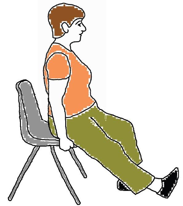 Udstrækning af læggen Sid på foreste del af stolen og hold i siderne Stræk et ben ud og sæt hælen i gulvet Lad