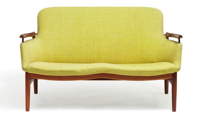 947 FINN JUHL b. Frederiksberg 1912, d. Ordrup 1989 "FJ 53". Freestanding two seater teak sofa with "floating" armrests on brass fittings. Sides, seat and back upholstered with greenish-yellow wool.