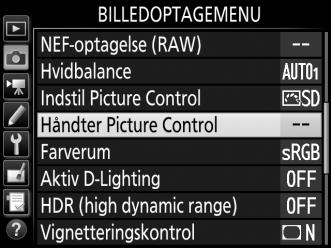 Oprettelse af brugerdefinerede Picture Controls De Picture Controls, der følger med kameraet, kan ændres og gemmes som
