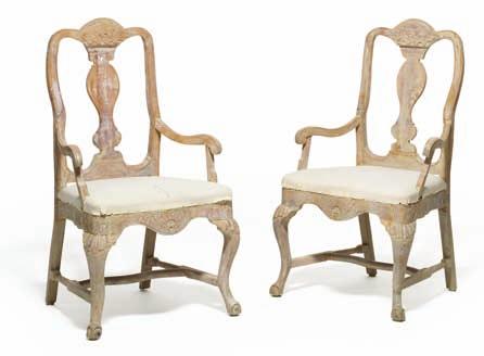330 330 A pair of Swedish Rococo white painted armchairs. 18th century. (2).