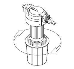 Brændstoffilter: Brændstoffilteret kan tages ud ved at dreje med uret som vist i illustrationen til højre. Filteret sidder uden på varmekanonen og det er let at se dets tilstand.
