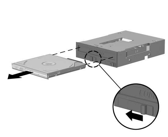 Hardwareopgraderinger Udtagning af et drev fra MultiBay 1. Luk alle programmer, luk operativsystemet korrekt ned, og sluk computeren, mens der isættes eller fjernes en harddisk. 2.