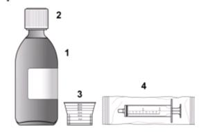BRUGSANVISNING Læs disse instruktioner omhyggeligt, så du ved, hvordan du bruger opløsningen korrekt. 1. Flaske, der indeholder den orale opløsning. 2. Børnesikret skruelåg med en sikkerhedsring.
