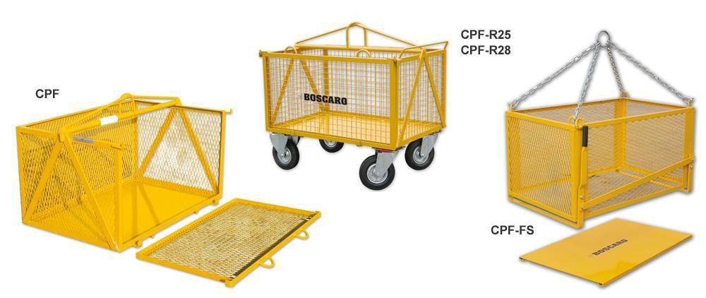 1000 x 750 GOODS CARRYING CPF Type Standard painted yellow R = With wheels (25/28 = Ø of wheels) FS = Removable floor ZN = Galvanized model (not painted)* GODSTRANSPORT BUR CPF Type Standard mallet