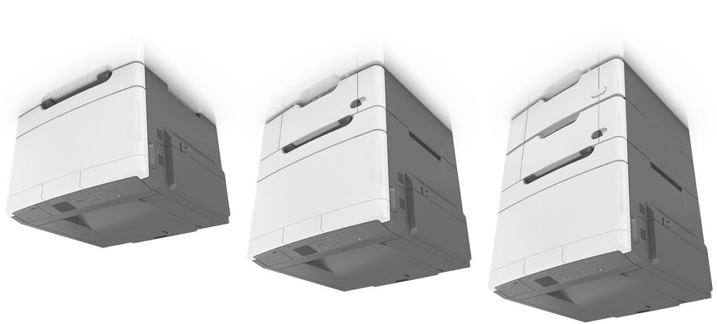 Lær om printeren 13 1 Højre side 102 mm (4") 2 Forside 508 mm (20") 3 Venstre side 152 mm (6") 4 Bagside 102 mm (4") 5 Top 254 mm (10") Printerkonfigurationer FORSIGTIG - VÆLTEFARE: Gulvmonterede