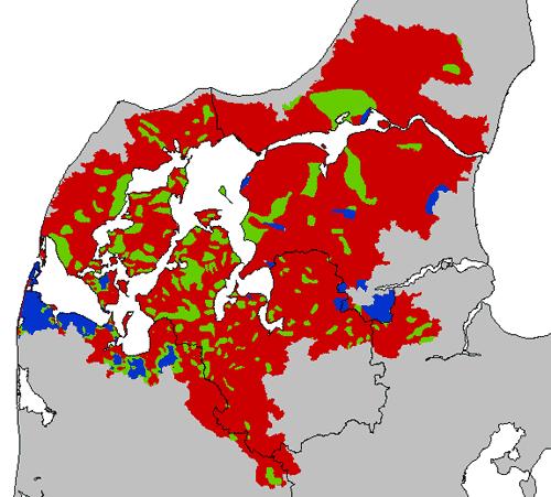Fig. 3.3. Skøn over forekomsten af ler i de øvre jordlag og beskyttelsen af grundvandet. Rød = ingen/ringe beskyttelse, grøn = nogen beskyttelse, blå = god beskyttelse.