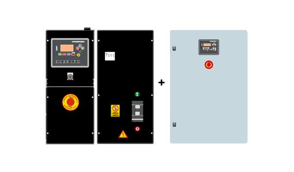 STYREPANEL MODEL AS5 + CC2 Automatisk panel MED overførselskontakt og med lysnetsstyring. Display vil være på genset og på kabinet.