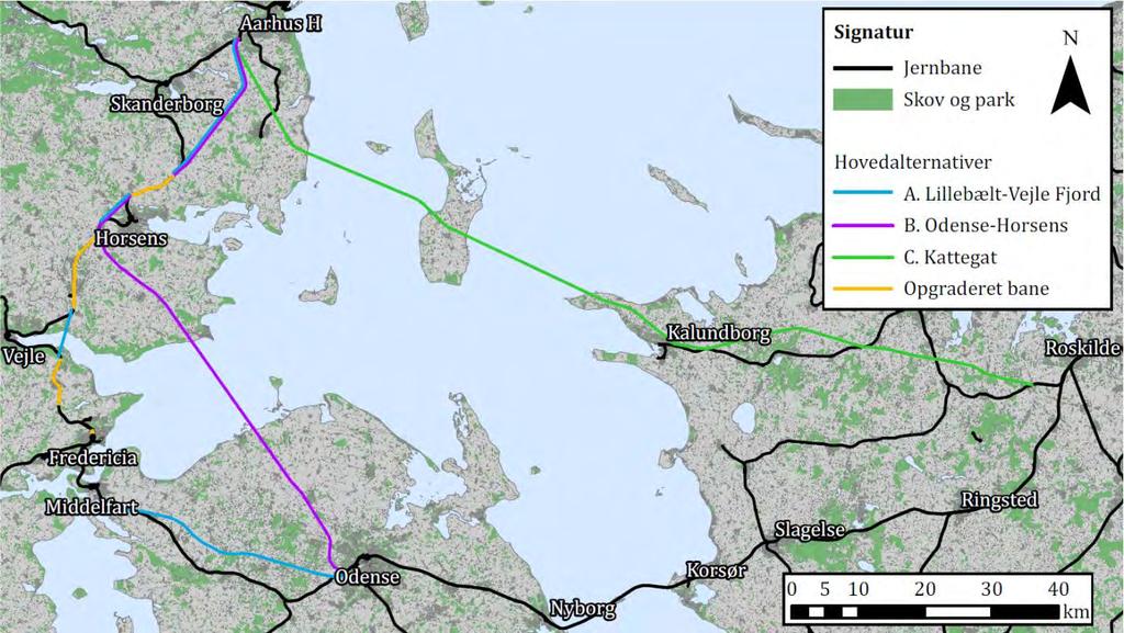 Opgradering af jernbanen mellem Odense og Aarhus største byer reduceres til én time, som det ses af tabel 1.1 herunder.
