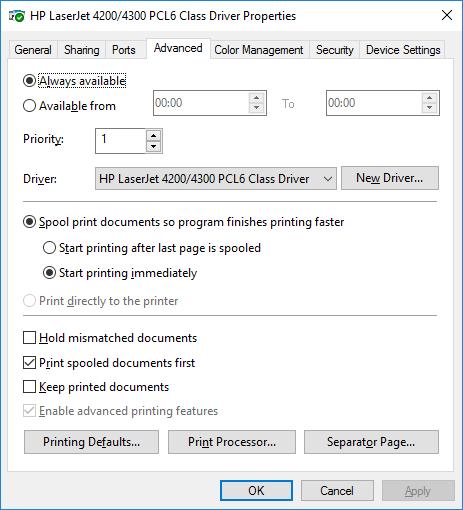 Print Server i Windows 2016 10 Advanced: Her kan man tidstyre printeren, hvilken kan være praktisk hvis man har flere printere til den samme printing device (fysisk printer).