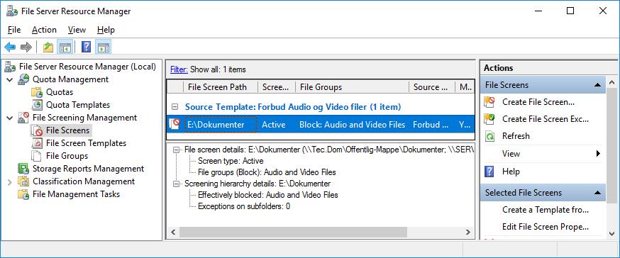 FSRM under File Screens kan vi nu se at screeningen er aktiv så der ikke kan gemmes audio