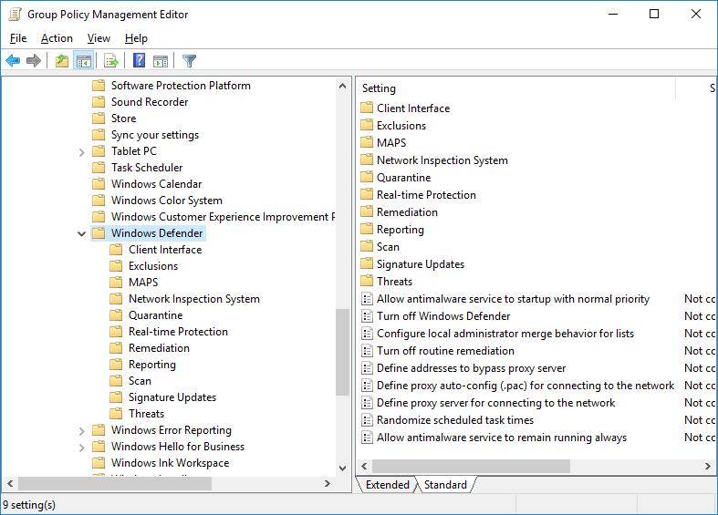 Sikkerhed og Antivirus 12 Windows Defender opsætning med Group Policy Vi har i Windows 2016 også muligheden for at styre Defender opsætning ved hjælp af