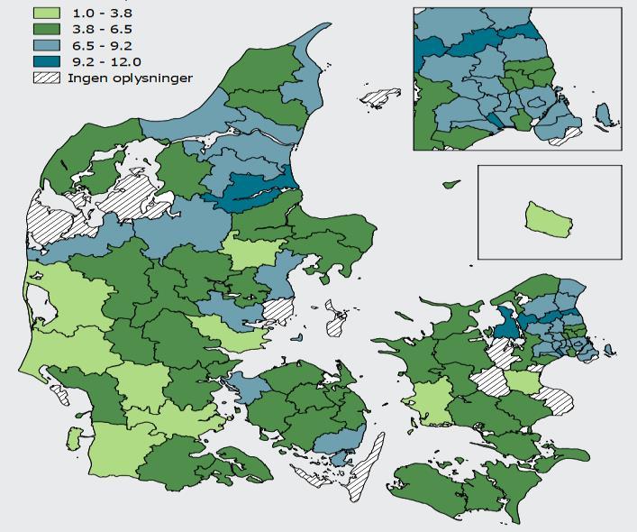 Op mod 1-12 pct. af alle voksne patienter, med bopæl i en række kommuner fra hovedstadsområdet, har de højeste behandlingsudgifter, under 4 pct. i en række kommuner på og Sønderjylland.