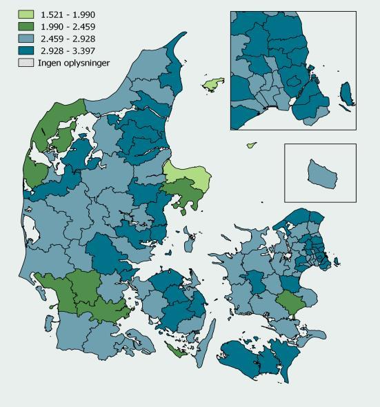 , jf. figur 61. Den gennemsnitlige udgift pr. patient er højest for personer fra Tårnby Kommune (ca. 3.4 kr.) og lavest for personer fra Norddurs og Læsø Kommune (under 2. kr.). Figur 61 Den gennemsnitlige udgift pr.