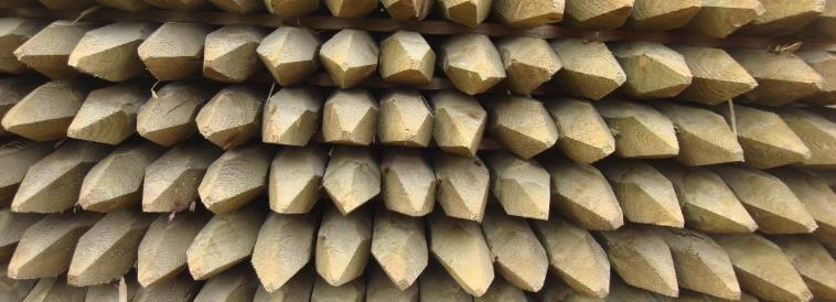 Pæle OCTOWOOD, pæle af trykimprægneret nordsvensk fyr træ. Pæle findes med sort olieret CREOSOT behandling, eller grøn WOLMANIT (kobber) behandling. Pæle er spidsede op til længder på 300cm.