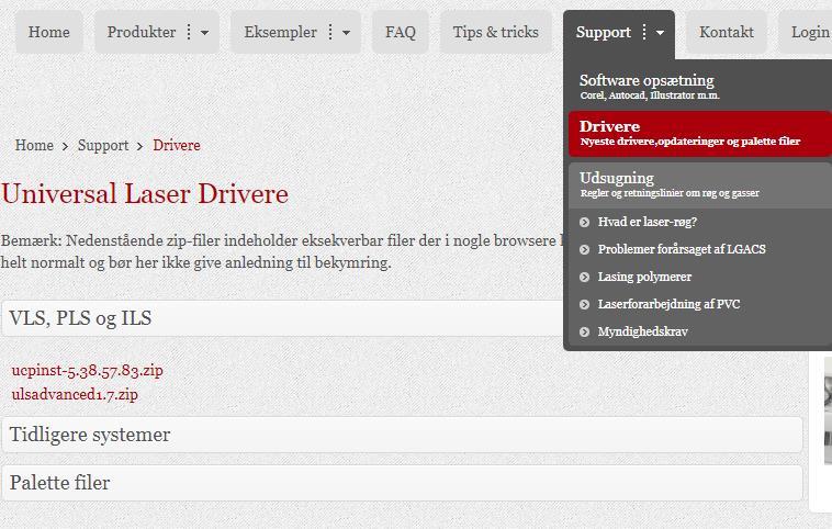 Installering af software Hent drivers til laserskærer Gå ind på www.universallaser.