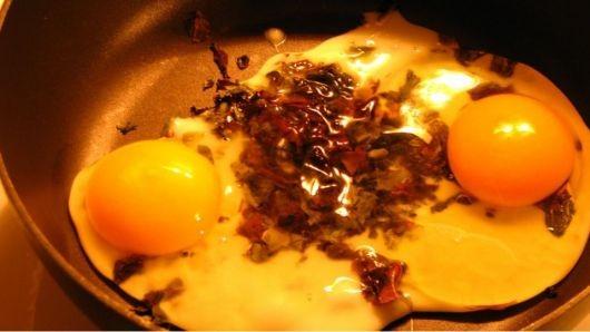 Spejlæg med søsalat, søl og purpurhinde på rugbrødsmad med fedt og ost Det særlige er, at det fotografisk set er smukt at se på, at tangen ligger i den endnu ikke stivnede æggehvide og er hel tydelig