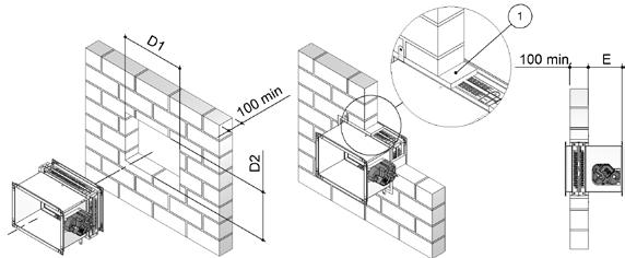 WK25 Montering Montering i massiv adskillende væg EI 120 S D1 D2 Hulbasis: Se ovenstående tabel Hulhøjde: Se ovenstående