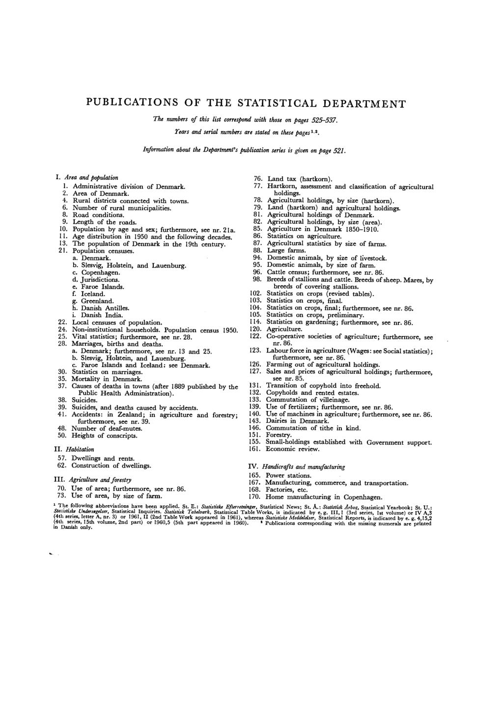 PUBLICATIONS OF THE STATISTICAL DEPARTMENT The numbers of this list correspond with those on pages 525-537. Tears and serial numbers are stated on these pages1. 2.