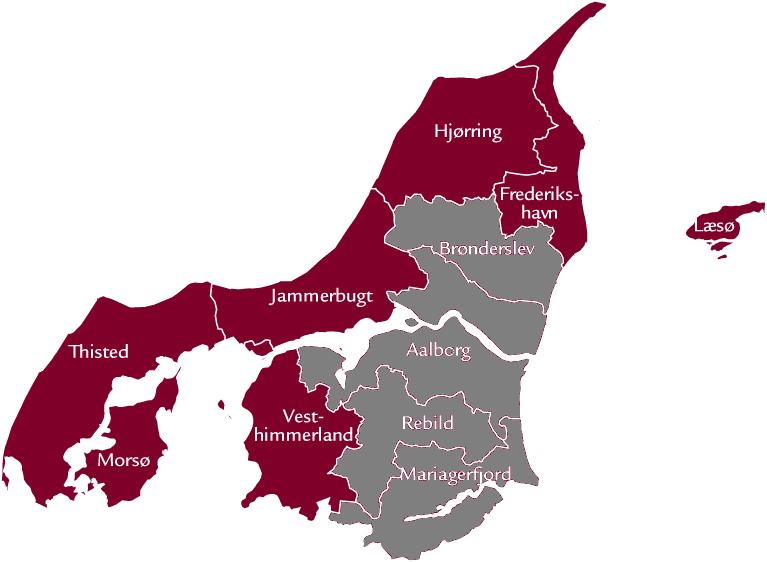 1 Nordjylland i dag Der er 11 kommuner og knap 590.000 indbyggere i Region Nordjylland. Fra Thisted i vest til Læsø i øst er der ca. 140 km og fra Hobro i syd til Skagen i nord ca. 130 km.