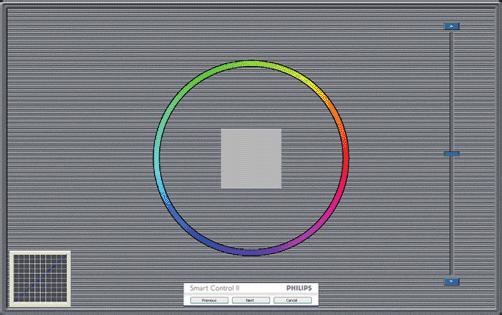 3. Billedoptimering Første farvekalibreringsskærm: Previous (Foregående) knappen er deaktiveret, indtil du går videre til den anden farveskærm. Next (Næste) går til efterfølgende mål (seks mål).