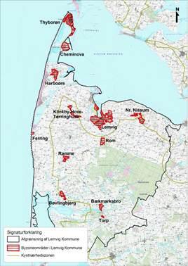 Beliggenheden af kystnærhedszonen og byzonebyer i Lemvig Kommune.