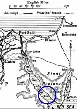 Kort 2: Uddrag af kort over Ægypten. Fra FirstWorldWar.com. 2. Bataljon Kilde 2 omtaler også den ægyptiske 2. Bataljon under kampene ved Suez.