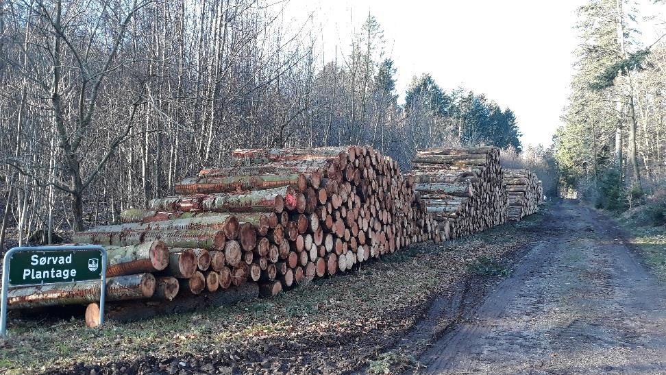 En stor del af det fældede træ bliver lavet til flis. Nedenstående figur viser andelen af de forskellige skovprodukter, som kommunen har solgt i 2018.