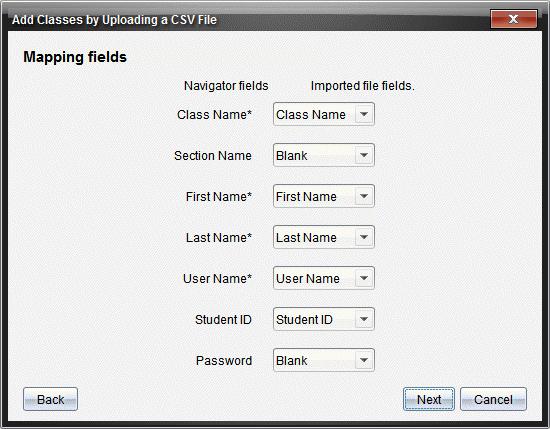 Dialogboksen Tilføj klasser ved at uploade en CSV-fil viser filen. 8. Klik på Næste.