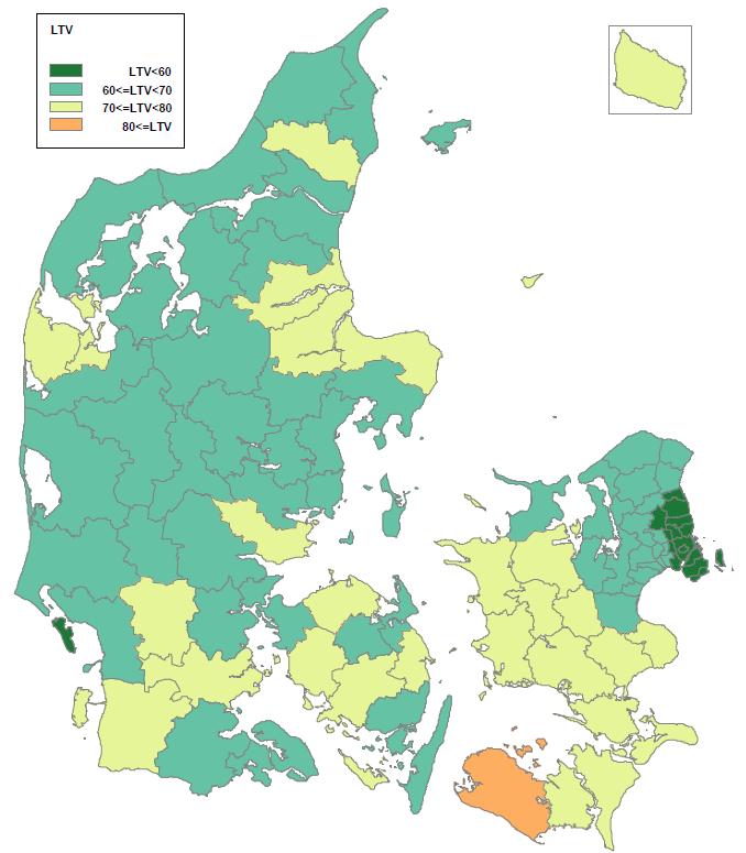 Figur 7: Størstedelen af landets kommuner har en LTV over 60 Kilde: Indberetninger til Finanstilsynet Tabel 1 viser realkreditsektorens LTV fra figur 7 på regionsniveau.