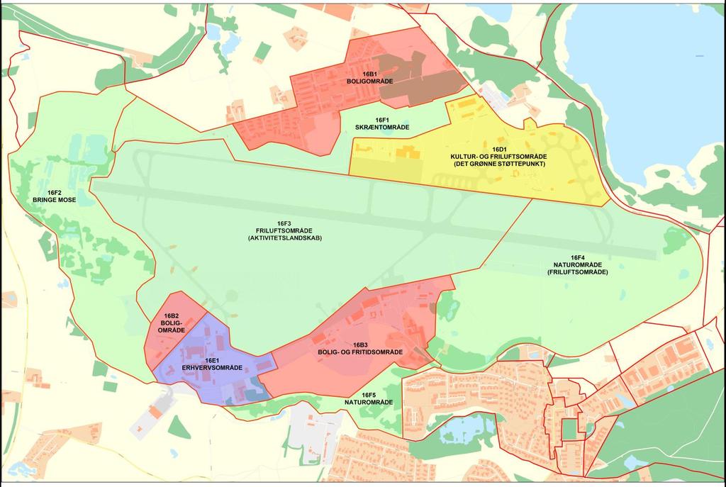 Kort 2: Rammerne for lokalplanlægning, Kommuneplan 2017 Rammeområderne 16F 1-5 vedrører de åbne arealer.