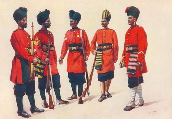 Infantry of the former "Hyderabad Contingent". Tegnet af A.C. Lovett, 1910. Fra Armies of India af major A.C. Lovett og major G.