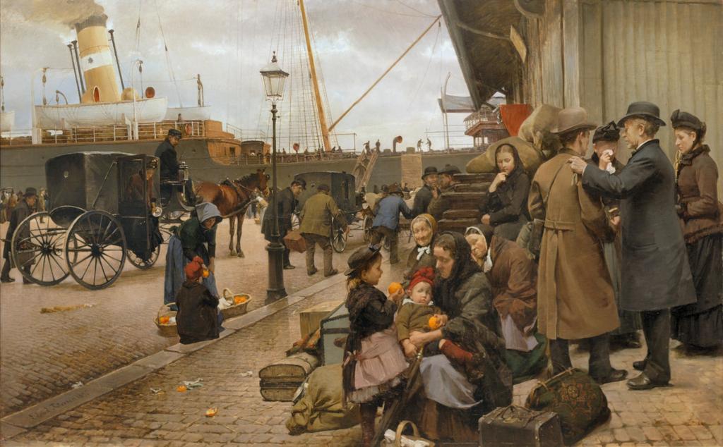 "Udvandrere på Larsens Plads". Maleri af Edvard Petersen, 1890. Nu på Aros Kunstmuseum.