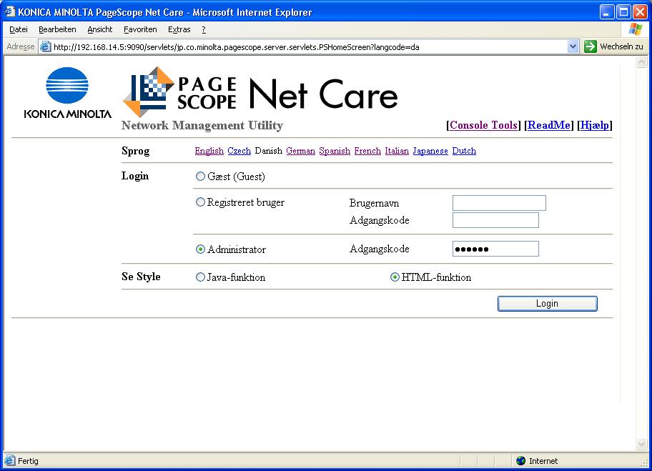 3 Brug af PageScope Net Care-klient Herefter får du adgang til PageScope Net Care-serveren, og PageScope Net Cares login-skærm vises.