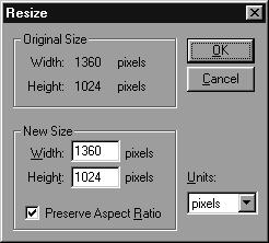 Hvis feltet "Preserve Aspect Ratio" (Macintosh: "Maintain Aspect Ratio") er afmærket, bevares det oprindelige højde-til-bredde forhold, når billedet får en anden størrelse.