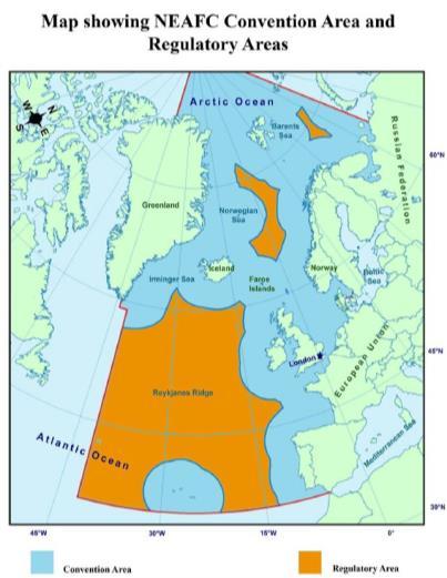 NEAFC regulerer fiskeriet i det Nordøstlige Atlanterhav, fra Kap Farvel til Barentshavet og syd på til Portugal uden for kyststaternes territorialgrænser, som er 200 sømilegrænsen.