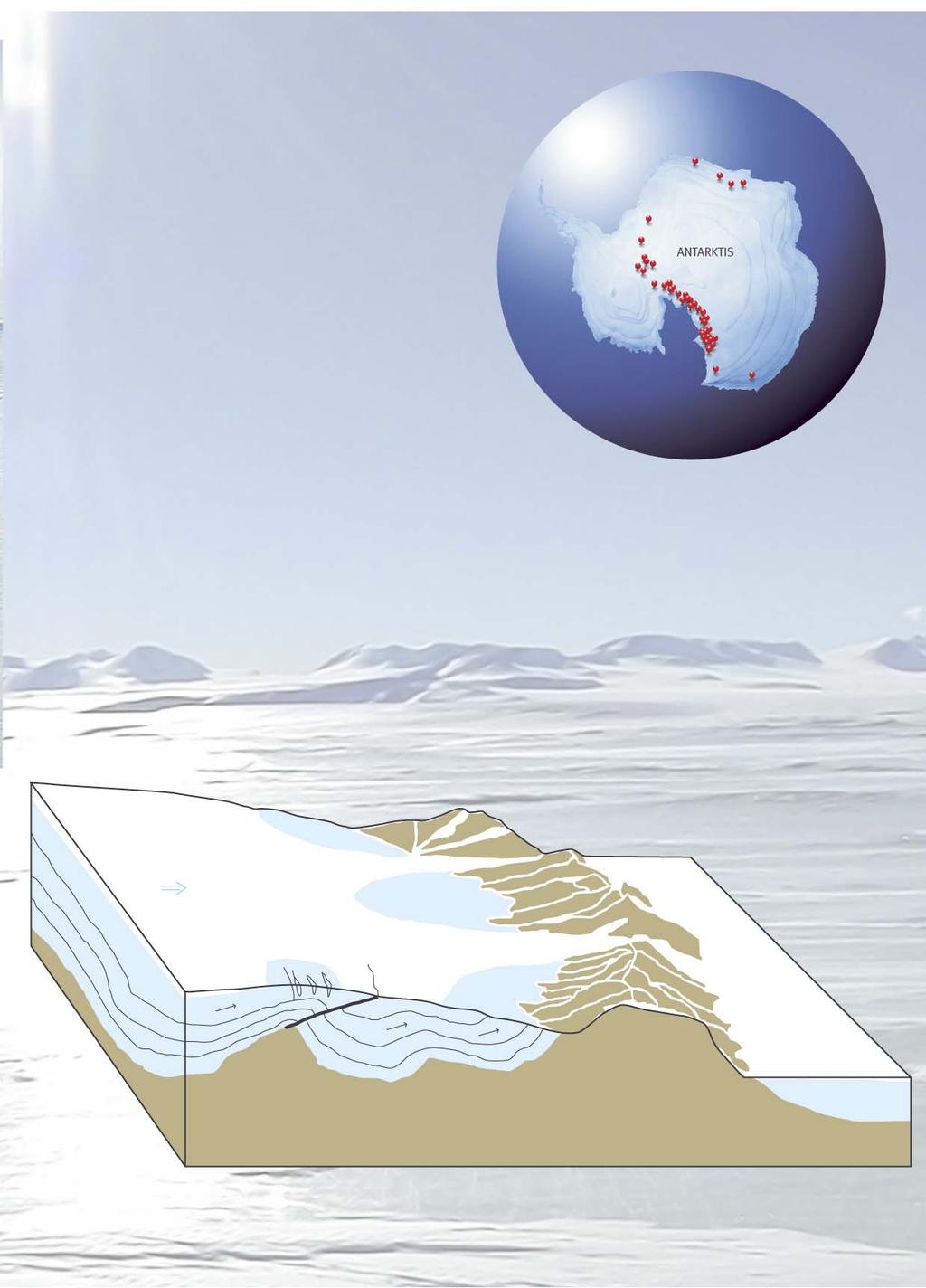 Findesteder for meteoritter i Antarktis. Illustration: Annabeth Andersen, GEUS. Meteoritjagt på Antarktis Antarktis har vist sig at være det bedste sted på kloden at finde meteoritter.