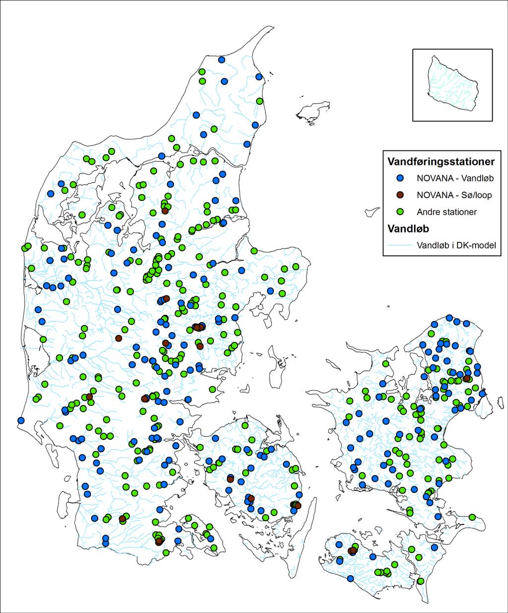 Figur 2. Oversigt over overvågningsstationer i NOVANA-programmet 2011 2015, øvrige vandføringsstationer hvorfra der er modtaget data fra DMU, samt vandløbsnetværket medtaget i DK-model2009.