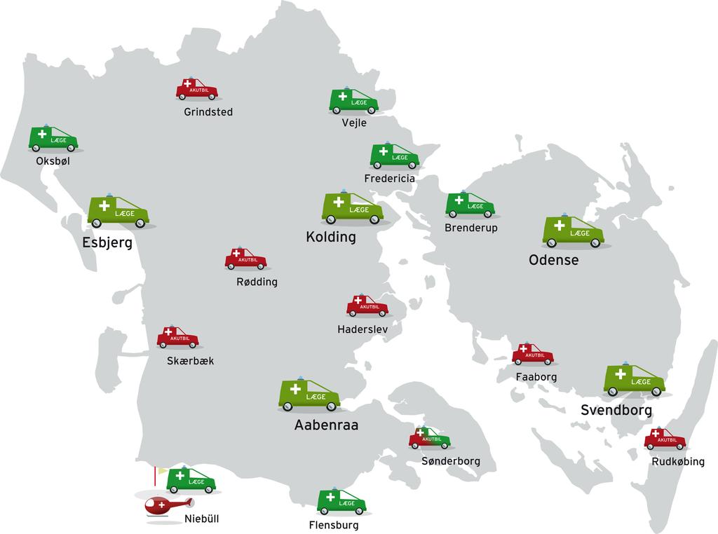 Kort 2: Placering af akutbiler og lægebiler i Region Syddanmark Det skal bemærkes, at akutlægebilerne i Odense, Svendborg, Kolding, Esbjerg, Åbenrå og Sønderborg (dagtid) alle er tilknyttet og