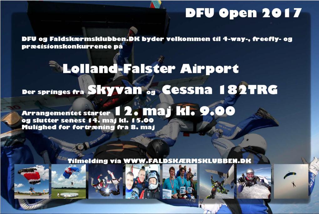 Nyt fra Sportsudvalget (SU) Tilmelding til DFU open 2017 Præcision, formationsspring 4-way og freefly 12-14 maj Fortræning fra d.