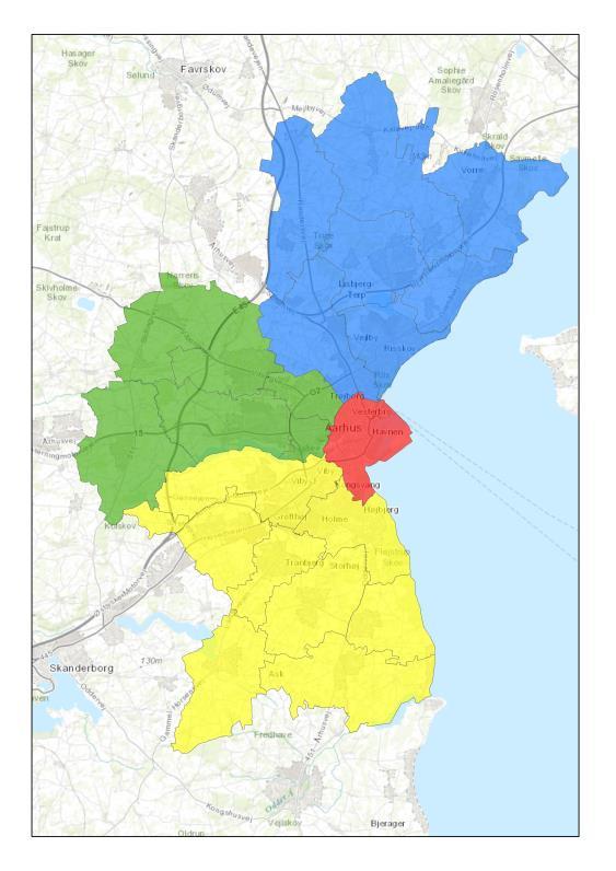 Rød markerer Aarhus Midtby; blå markerer Aarhus Nord; grøn markerer Aarhus Vest; gul markerer Aarhus Syd.