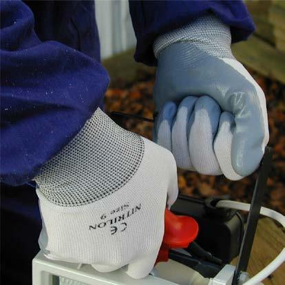 Handsker med belægning Nitrilon Basismateriale nylon ømløs handske med ribkrave Nitril-belægning Glat overflade Kategori: II Halvdyppet Hvid med grå belægning Monteringsopgaver, elektronik,