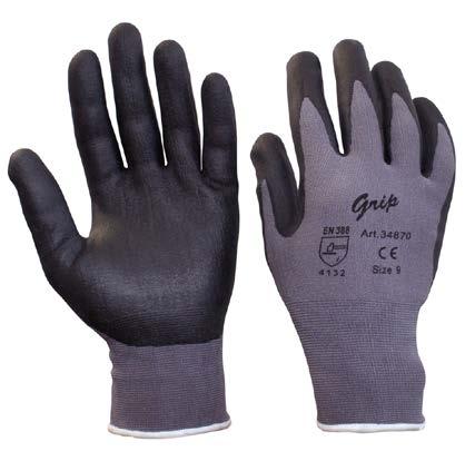 Handsker med belægning Grip Basismateriale nylon ømløs handske med ribkrave Belægning af nitril-foam Foam overflade Kategori: II Halvdyppet Grå med sort belægning Monteringsopgaver, elektronik,