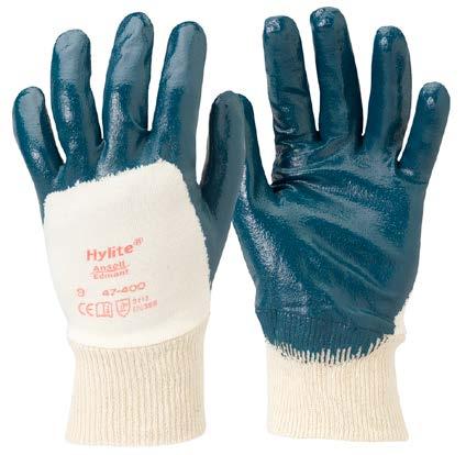 Handsker med belægning Hylite halvdyp Basishandske bomuld yet handske med ribkrave Nitril-belægning Ru overflade Længde ca. 27 cm Kategori: II Halvdyppet Hvid med blå belægning Antistatisk iht.