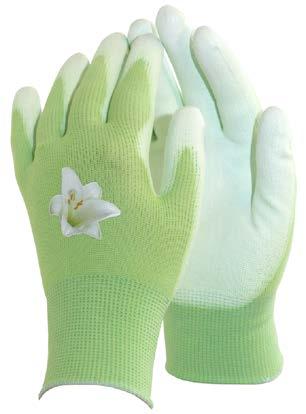 trik-, stof- og havehandsker Green havehandske Basismateriale polyamid ømløs handske med ribkrave Belægning af polyurethan Glat overflade Kategori: II Halvdyppet Grøn med hvid belægning