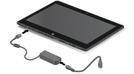 Forbind netledning, vekselstrømsadapter og tablet som vist. Slut derefter vekselstrømsadapteren til en standardvekselstrømskontakt.