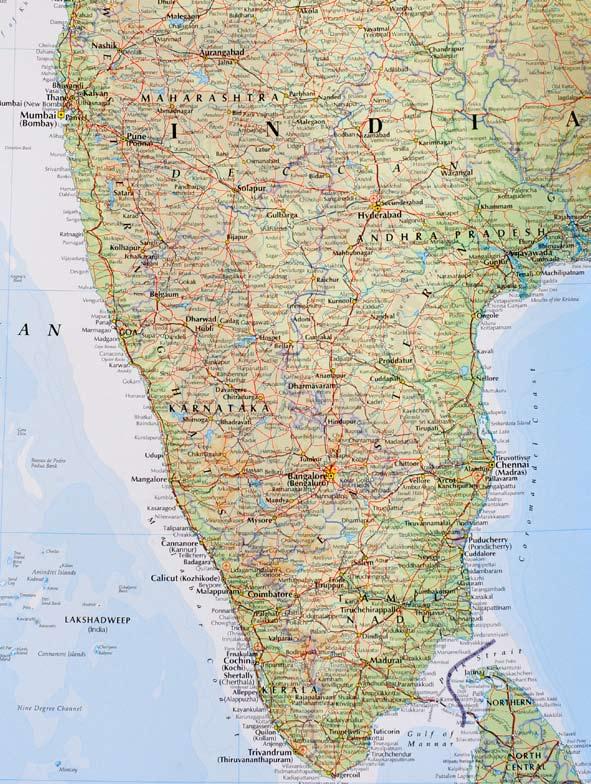 Rejseruten i Sydindien Stiplede linjer er