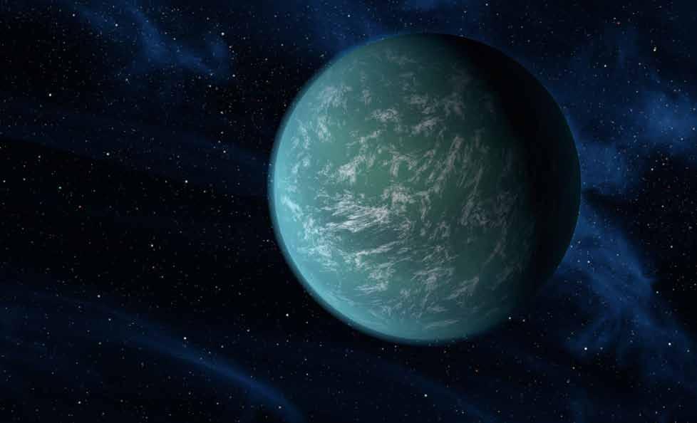 i En kunstners opfattelse af planeten Kepler-22b, som er den af de kendte planeter, som ligner Jorden mest.